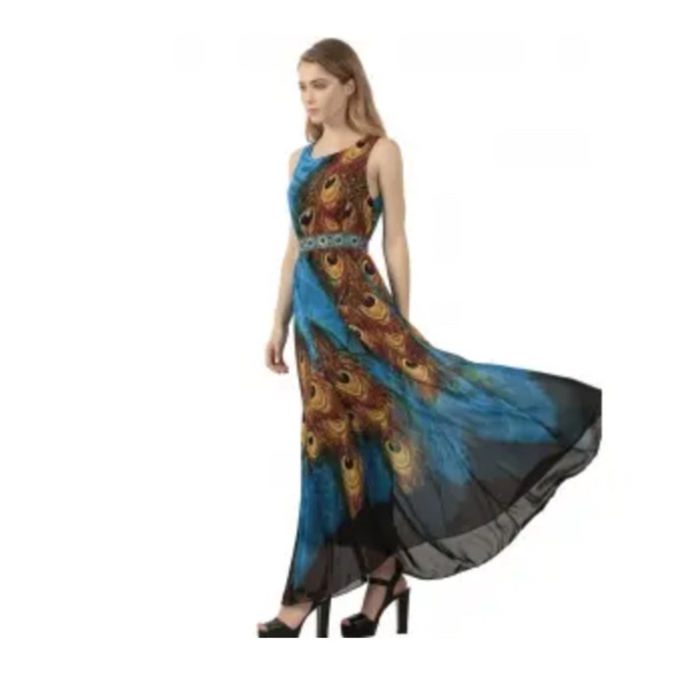 Peacock Maxidress with belt, size medium - Picture 2 of 9